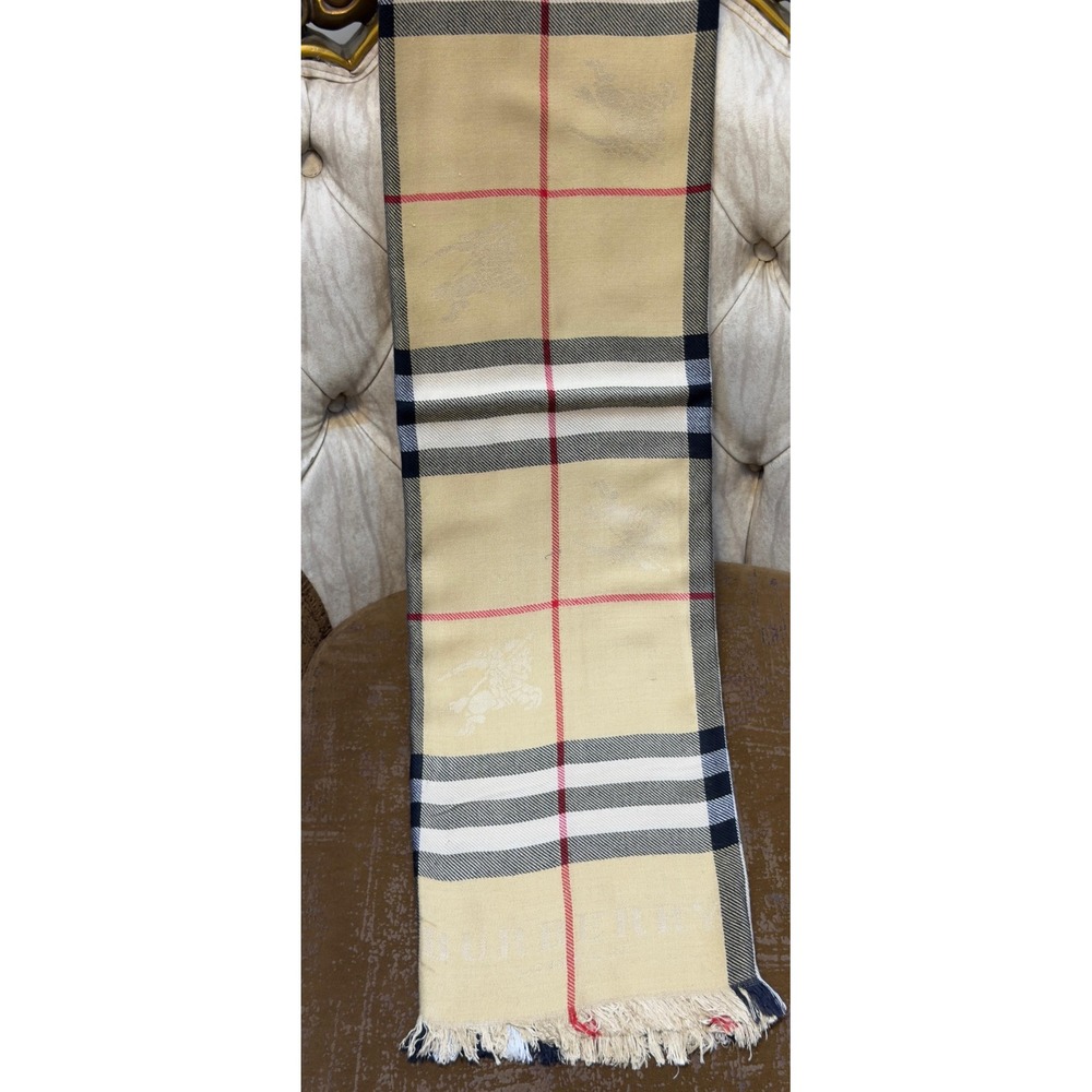 Burberry London Nova Check Scarf Beige Red Black Equestrian Knight Motif Fringe